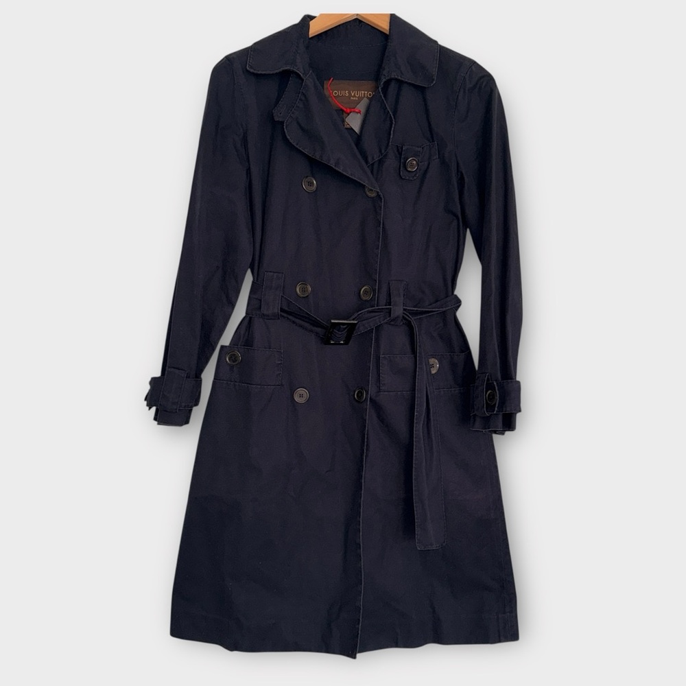 Louis Vuitton Dark Navy Blue Trench Coat Belted Double Breasted Jacket Size 4